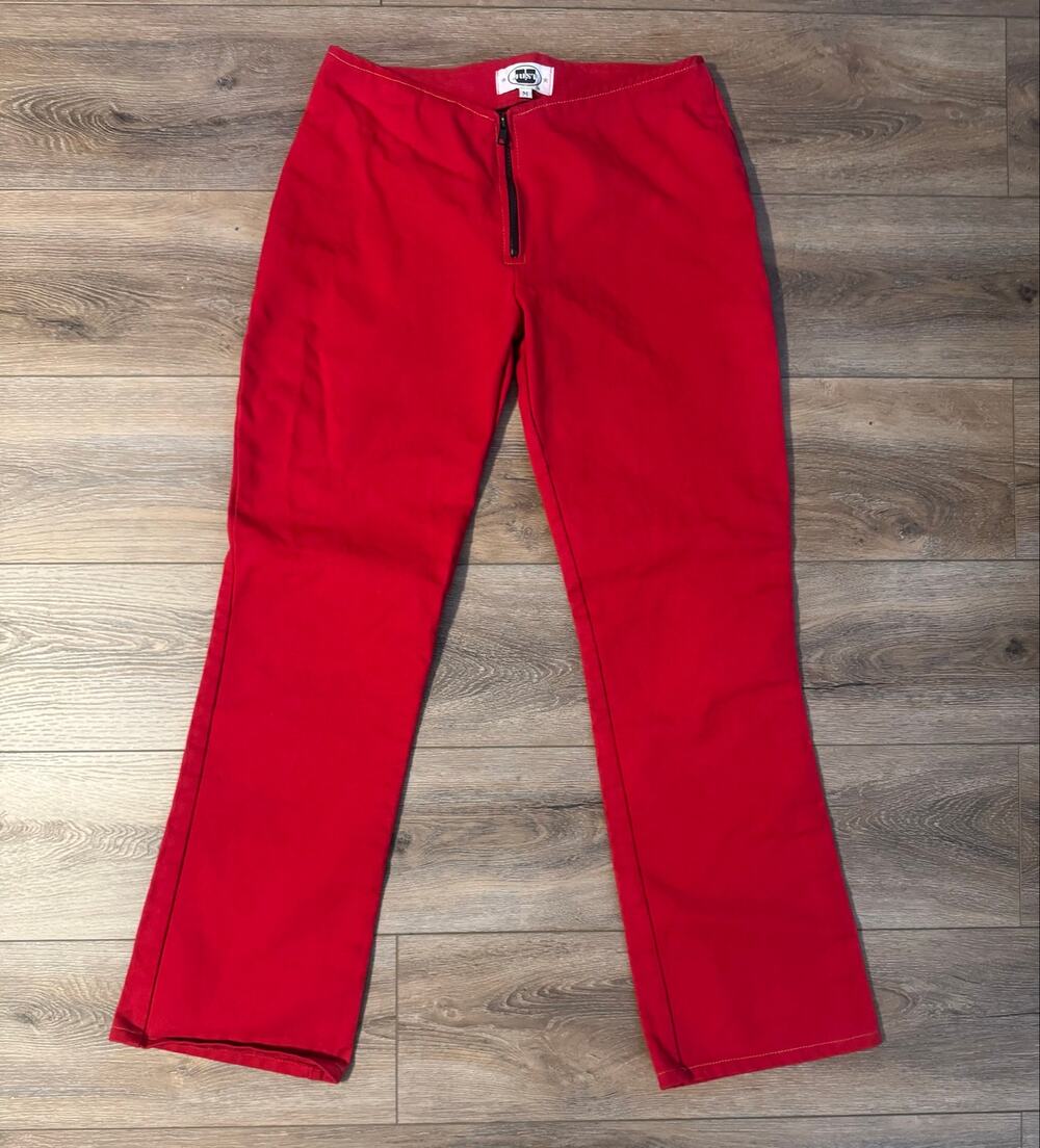 VTG Y2K JUST Red Flare Pants Mid Rise Front Zip Contrast Stitch MED Streetwear